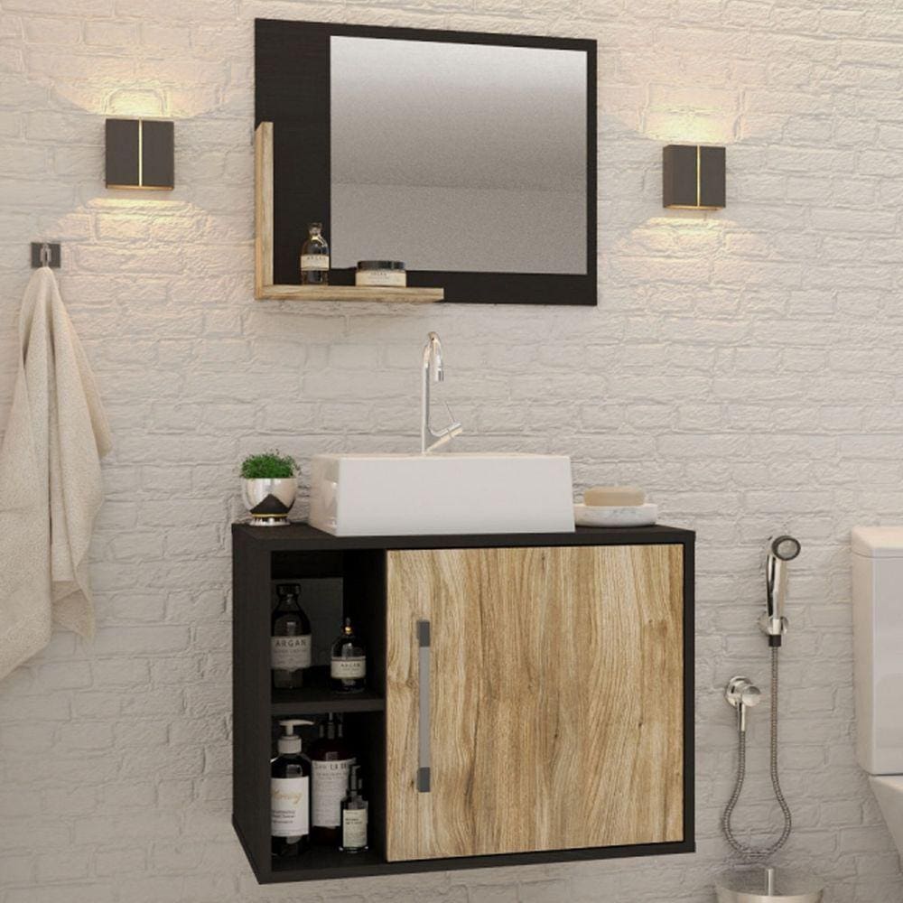 Armário De Banheiro Com Cuba E Espelho 1 Porta 2 Prateleiras Preto ônix/carvalho 13687 - Compace