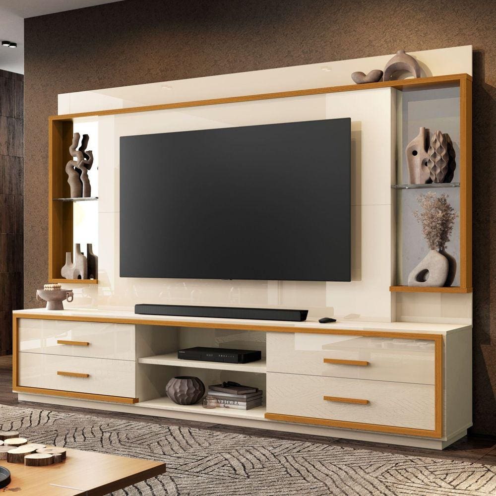 Estante Home para TV até 75 Polegadas com Espelho 4 Gavetas Leni 37669 EDN Móveis Off White/Cedro