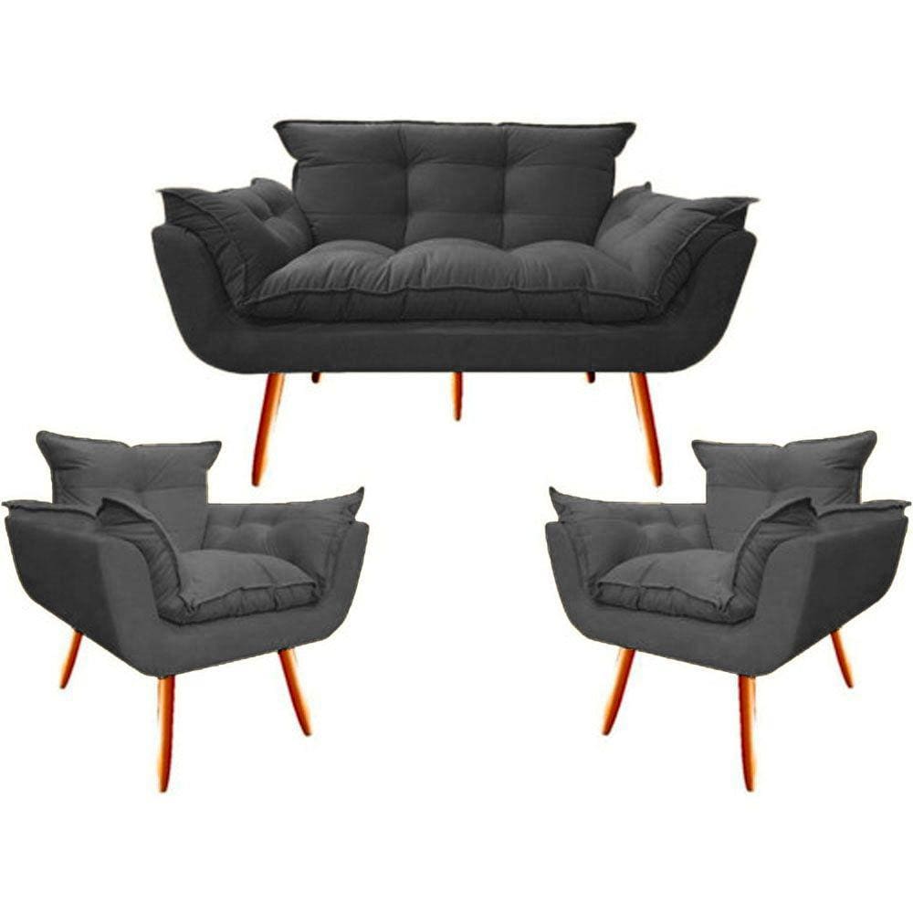 Kit Namoradeira + 02 Poltronas Decorativa para Sala de Estar Quarto Recepção Clinica Opala Jm interiores Suede Grafite