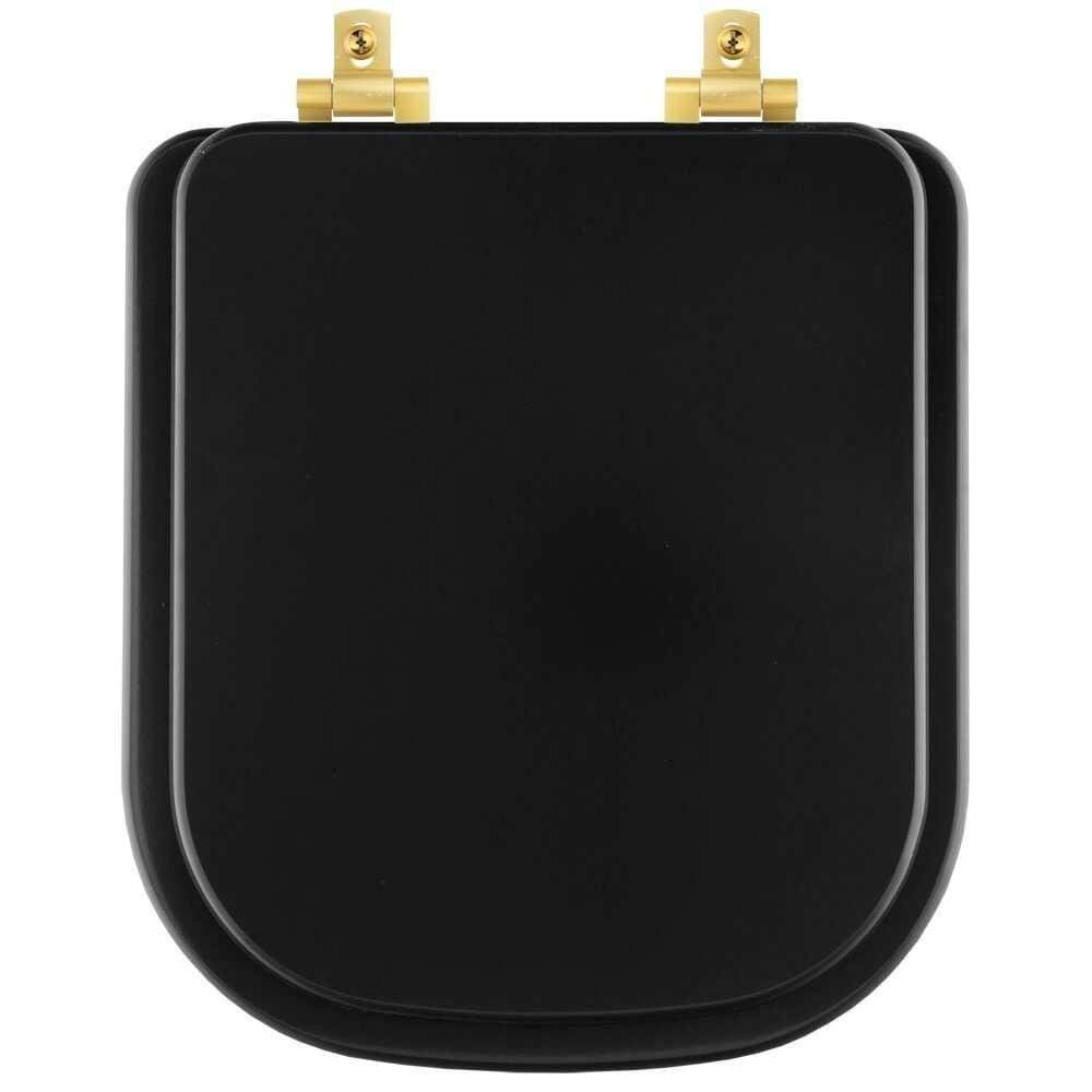 Assento Sanitário Mdf Soft Close Quadra Preto Fosco Para Vaso Deca Com Ferragem Dourada