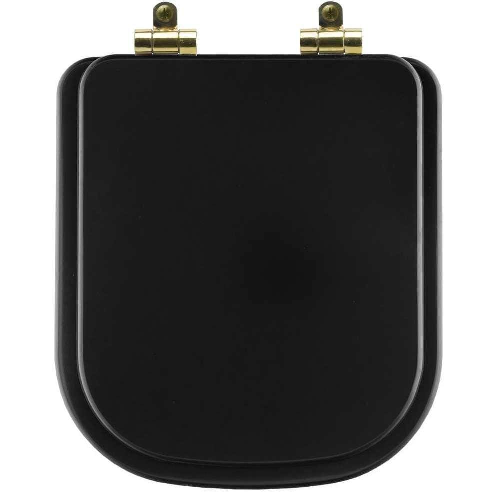 Assento Sanitário Poliéster Soft Close Quadra Preto Fosco Para Vaso Deca Com Ferragem Dourada