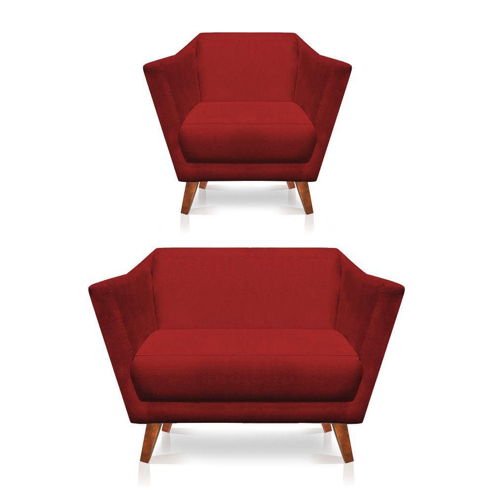 Kit Poltrona e Namoradeira Pérsia Suede Vermelho Pés Chanfrado Castanho - Pallazio