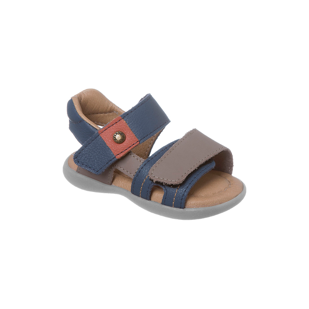 Sandália Infantil Masculina Ortopé Carinhoso Couro Fecho Duplo Azul Marinho e Cinza