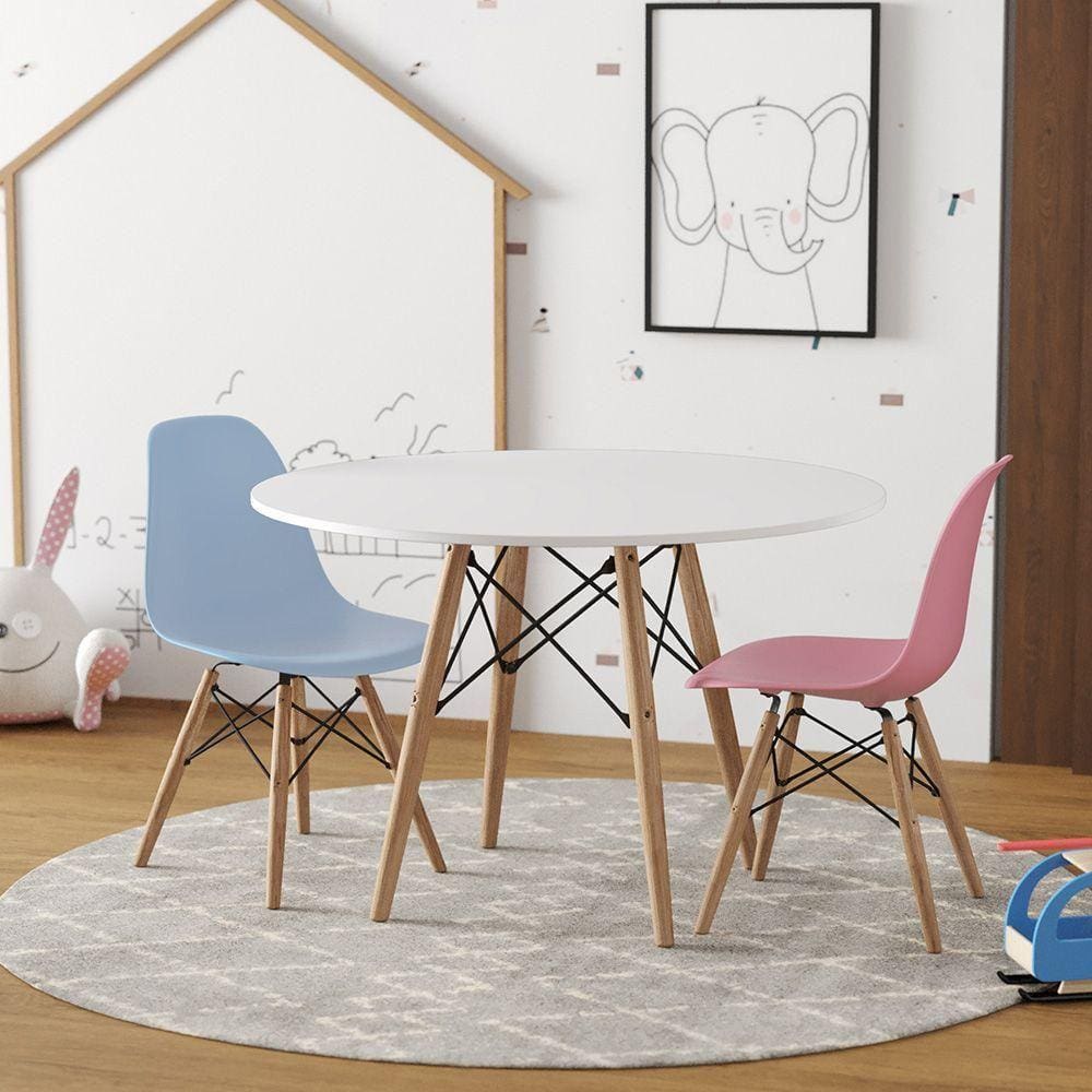 Conjunto De Mesa Madeira Infantil Redondo Branco 1 Cadeira Azul 1 Cadeira Rosa