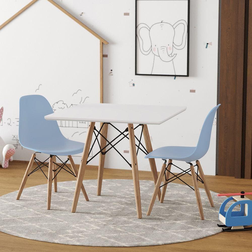 Conjunto De Mesa Infantil Madeira Quadrado Branco 2 Cadeiras Azul