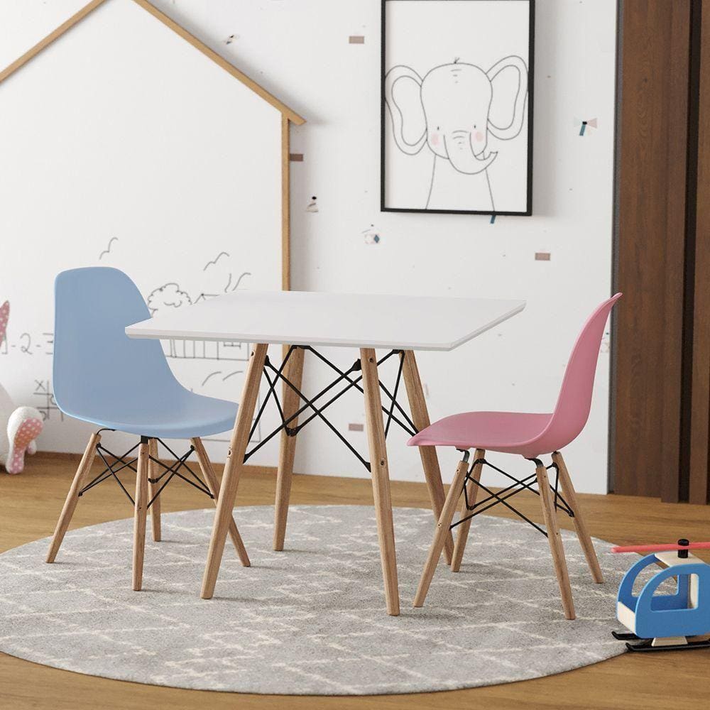 Conjunto De Mesa Madeira Infantil Quadrado Branco 1 Cadeira Azul 1 Cadeira Rosa - Cor: Branco