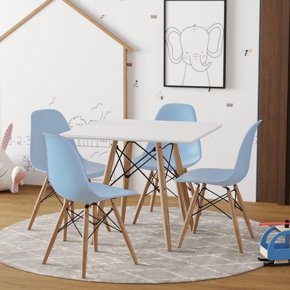 Conjunto De Mesa Madeira Infantil Quadrado Branco 4 Cadeiras Azul