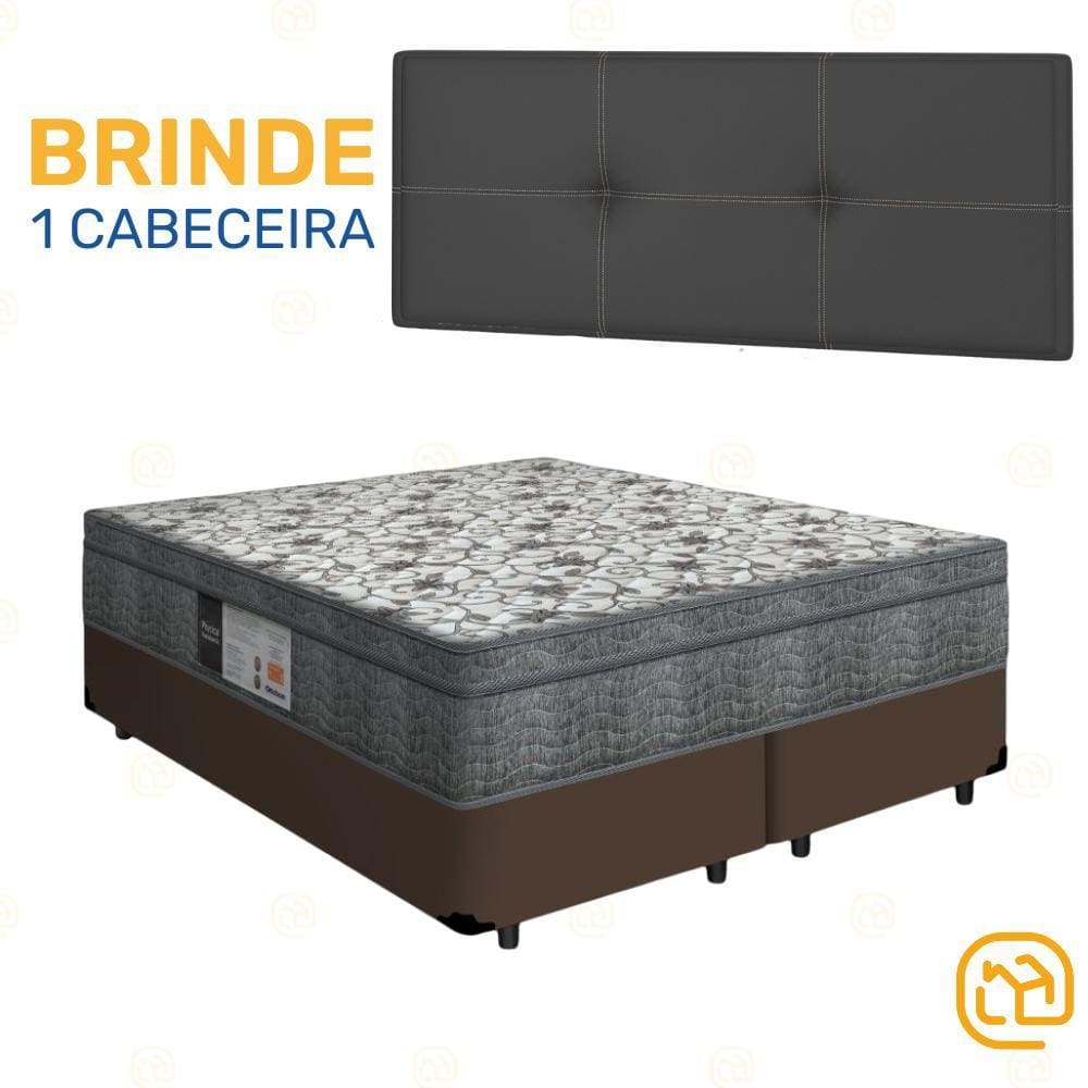 Box Queen Marrom + Cabeceira Painel Iris Preta + Colchão De Molas Physical Nanolastic 158cm