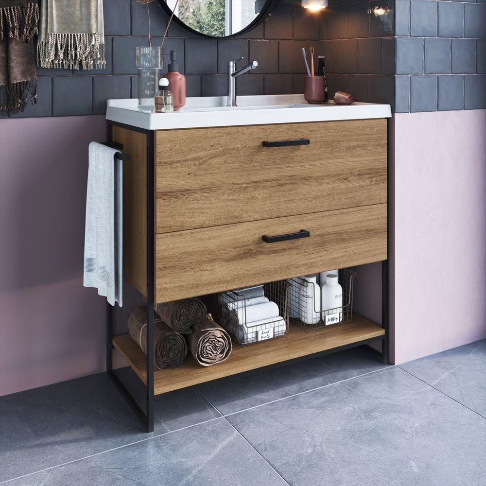 Gabinete para Banheiro 80cm com Lavatório Placa e Ponto Preto/Mel