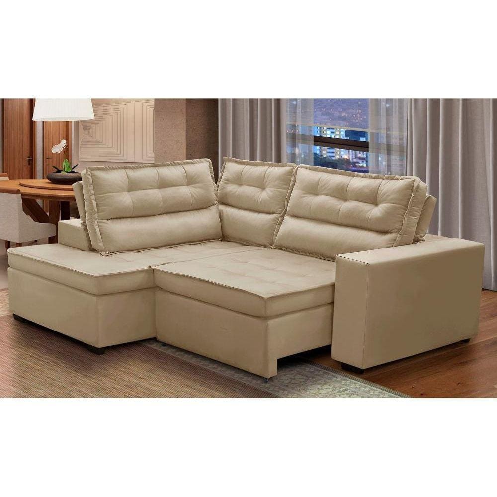 Sofá de Canto Retrátil e Reclinável com Molas 2,50x2,00 Esq Virginia Suede Bege Adonai Estofados