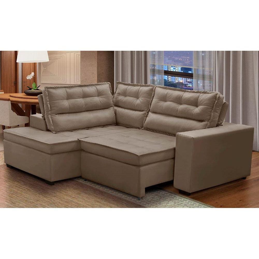 Sofá de Canto Retrátil e Reclinável com Molas 2,50x2,00 Esq Virginia Suede Cappuccino Adonai Estofados