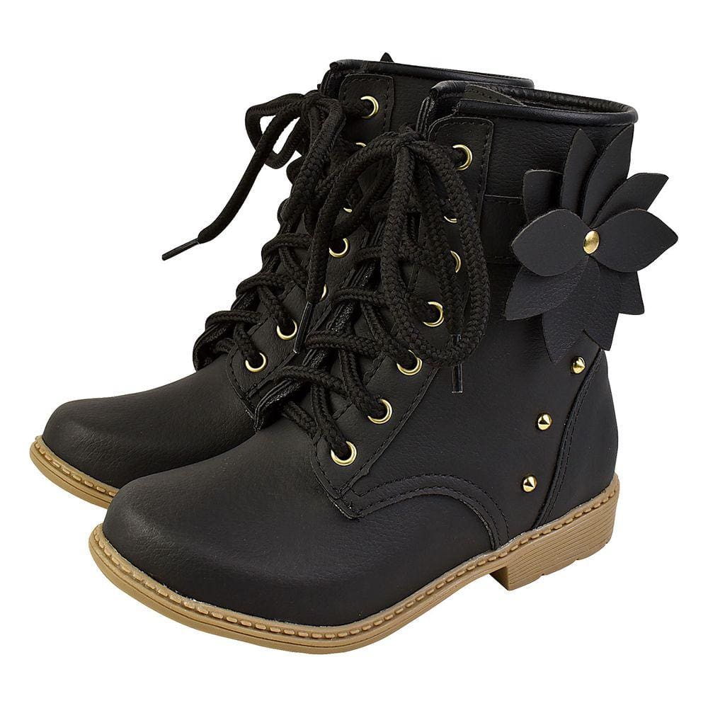 Bota Coturno Infantil Menina Flor e Cadarço Preto