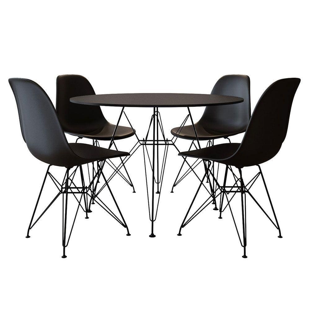 Mesa De Jantar Com 4 Cadeiras Eames Eiffel Tampo Redondo Preto 90Cm Base De Ferro Preto