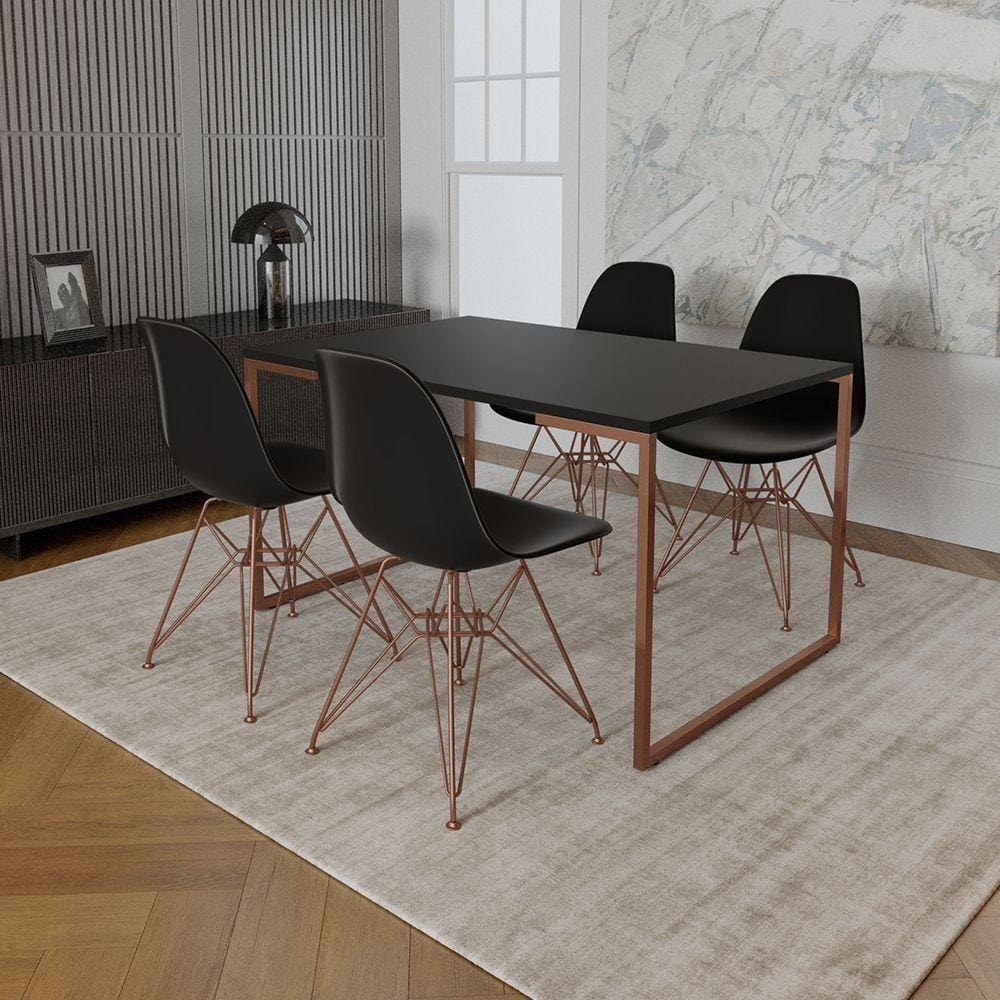 Mesa Industrial Base Ferro Cobre 137X90 Tampo Preto 4 Cadeiras Eiffel Ferro Cobre Assento Preto