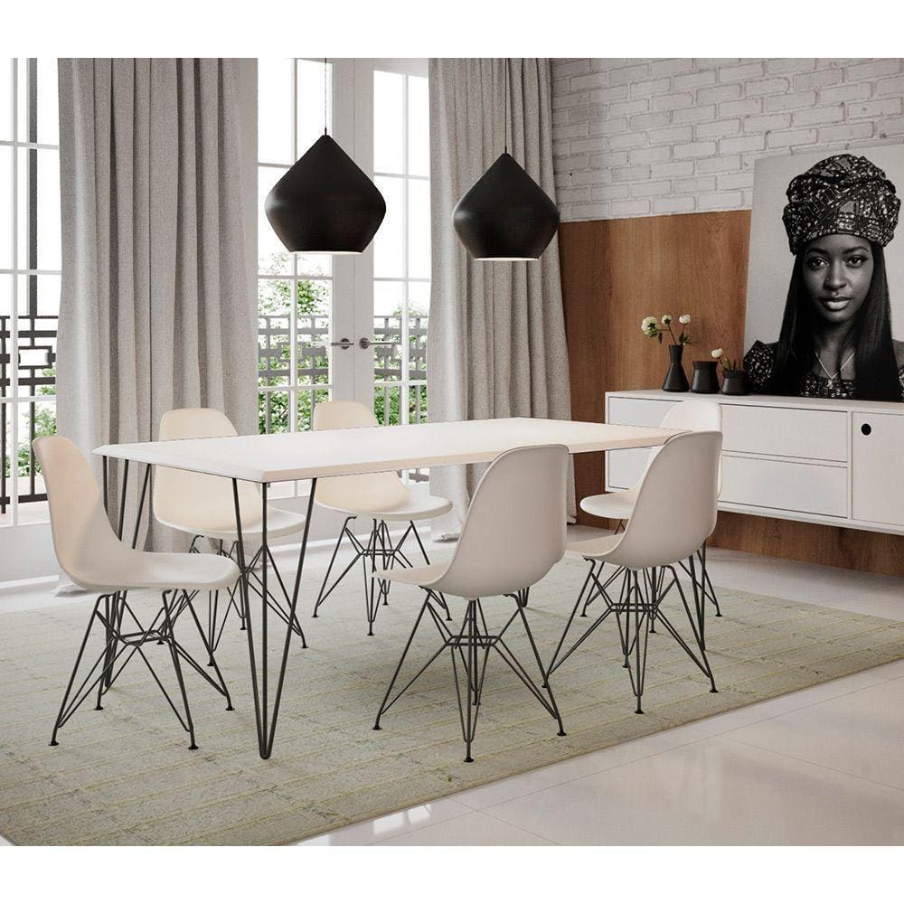 Mesa Sala De Jantar Industrial Branca 135X75 Com 6 Cadeiras Brancas De Ferro Preto