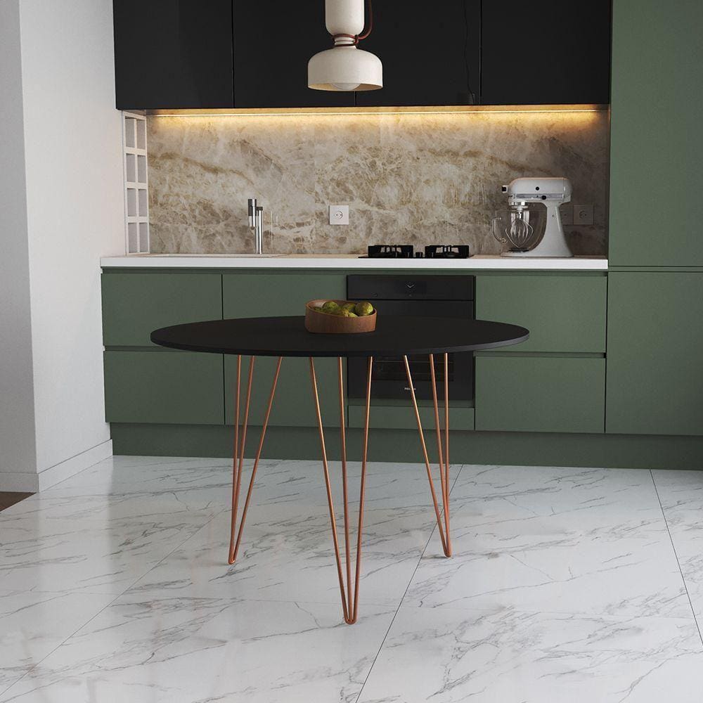 Mesa De Jantar Redonda 90Cm Preta Clips 3 Pés Base Cobre