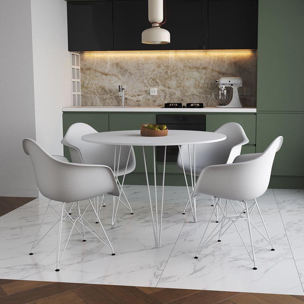 Mesa Jantar Redonda 90Cm Branca Clips 3 Pés Com 4 Poltronas Brancas Ferro Branco Branco