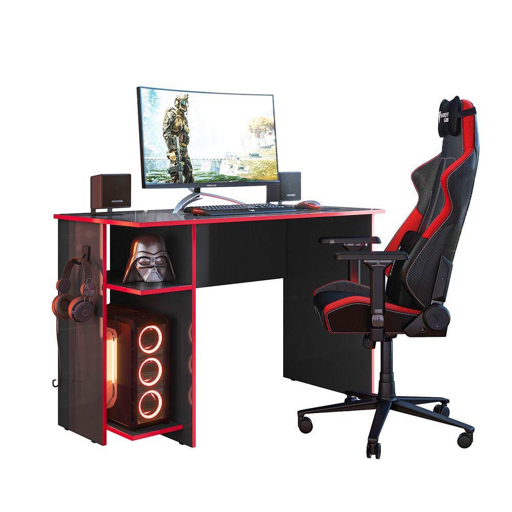 Mesa Para Computador Escritório e Gamer 2 Prateleiras Escrivaninha Preto Vermelho - Qmovi
