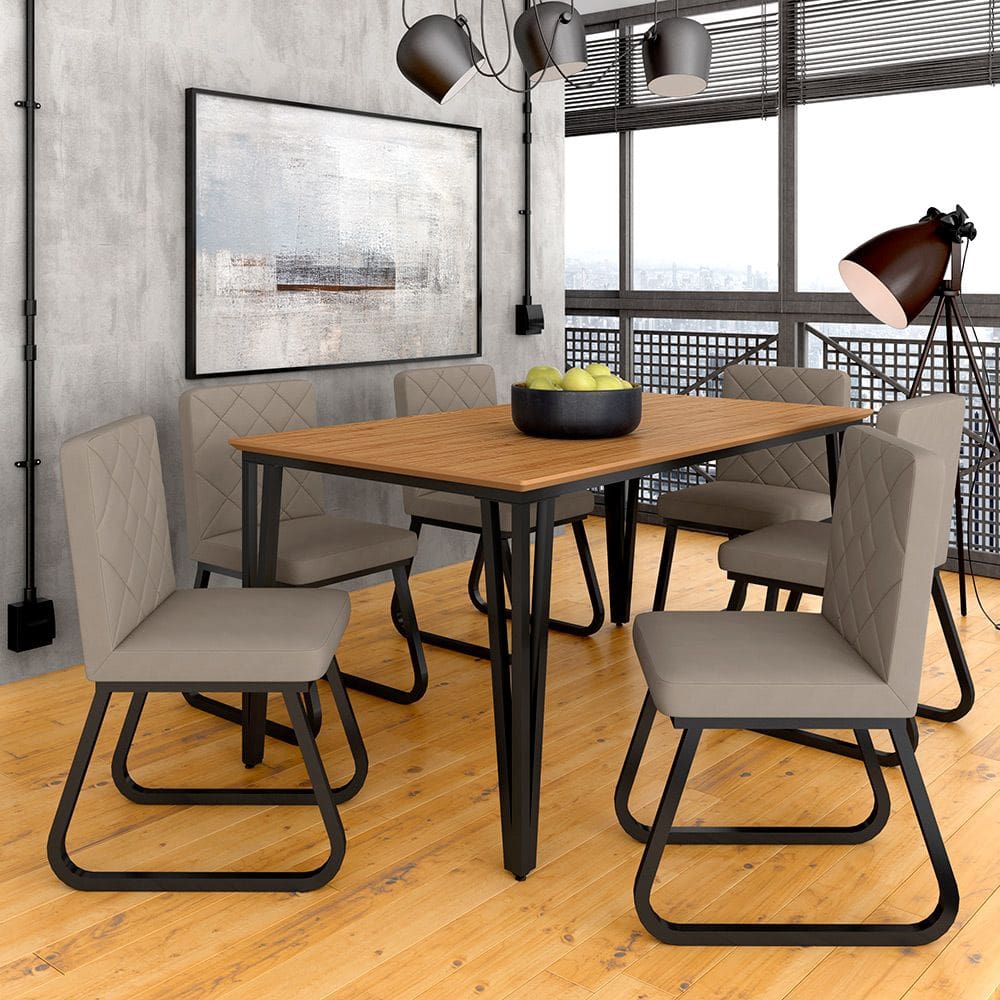 Mesa Com 6 Cadeiras Industrial 1,60 Ibiza Pt/cn/beg - Móveis Arapongas
