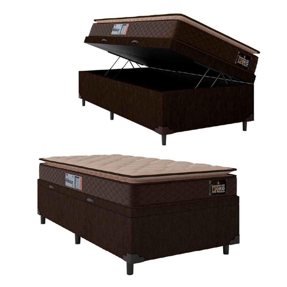 Cama Box Baú Solteiro Colchão Espuma D33 Pillow Top Millenium 88x188x60cm Marrom Hellen - Suporta até 120kg por Pessoa