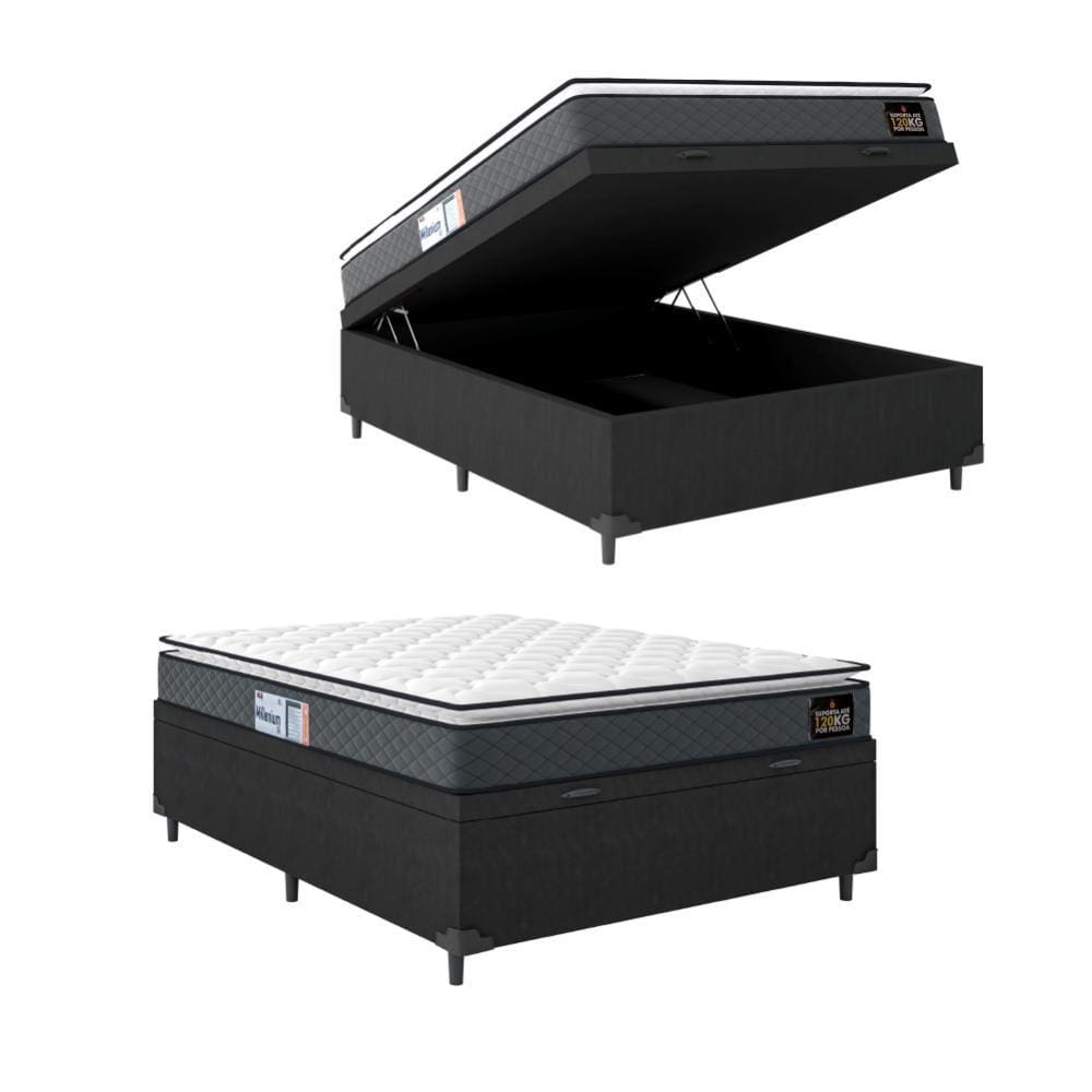 Cama Box Baú Casal Colchão Espuma D33 Pillow Top Millenium 138x188x60cm Cinza/Preto Hellen - Suporta até 120kg por Pessoa