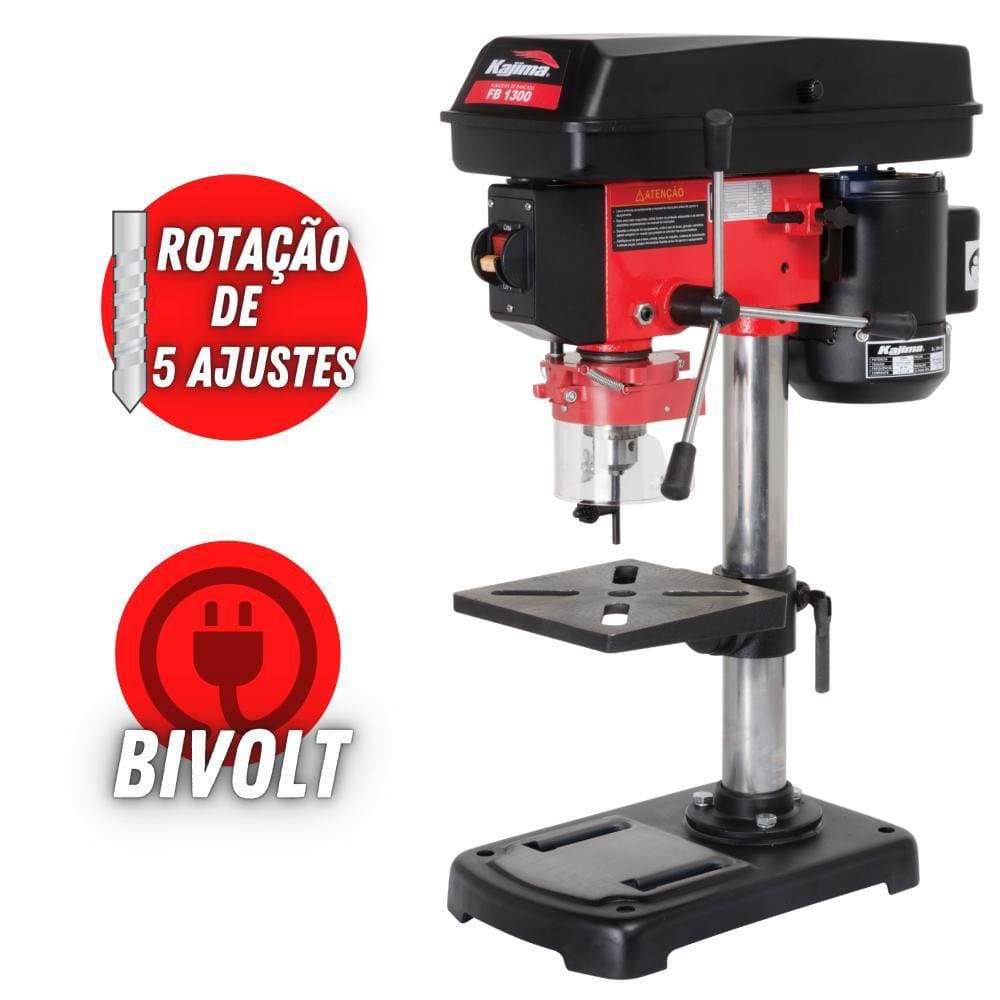 Furadeira De Bancada Kajima FB1300 Elétrica 1/3HP 5 Velocidades Furos 50mm Mandril 1,5 a 13mm Mesa Ajustável Protetor De Cavacos Para Madeira E Metal