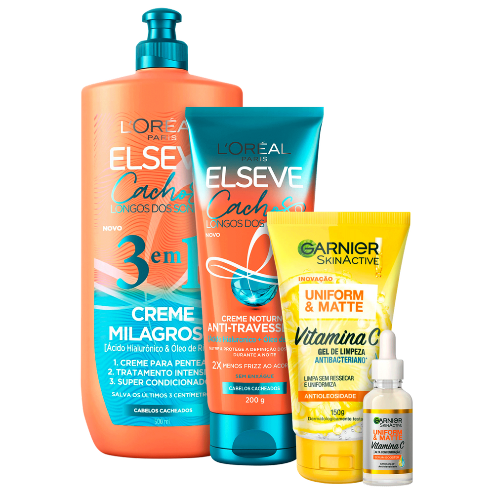 Kit Beleza na Web Elseve L`Oréal Paris Cachos Longos dos Sonhos & Garnier Uniform & Matte Vitamina C (4 Produtos)