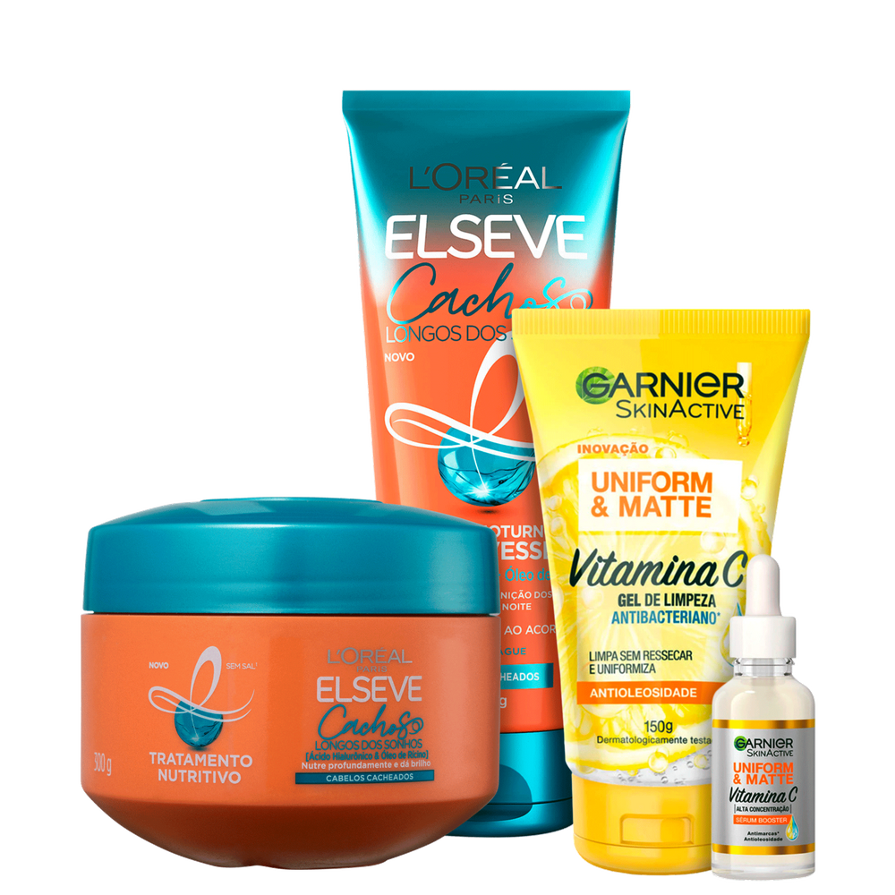 Kit Beleza na Web Garnier Uniform & Matte Vitamina C & Elseve L`Oréal Paris Cachos Longos dos Sonhos (4 Produtos)