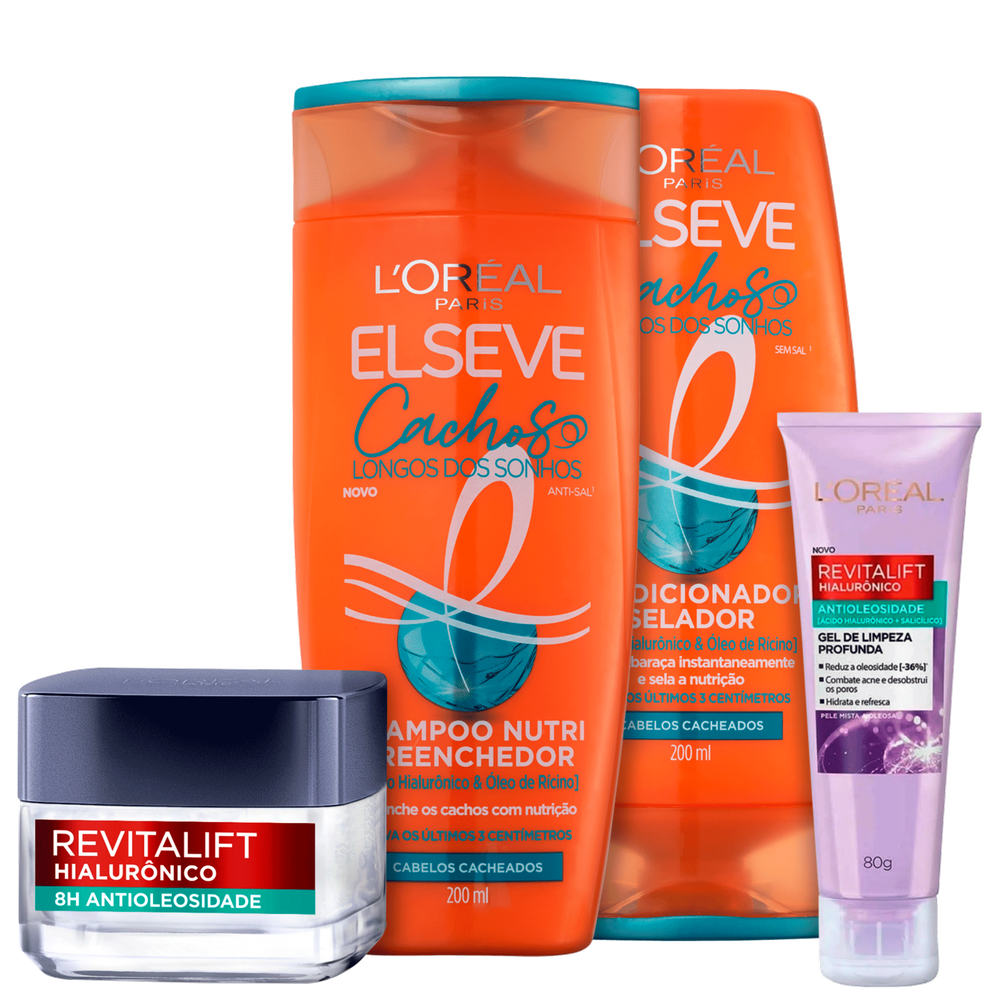 Kit Elseve L`Oréal Paris Cachos Longos dos Sonhos & L`Oréal Paris Revitalift Hialurônico (4 Produtos)