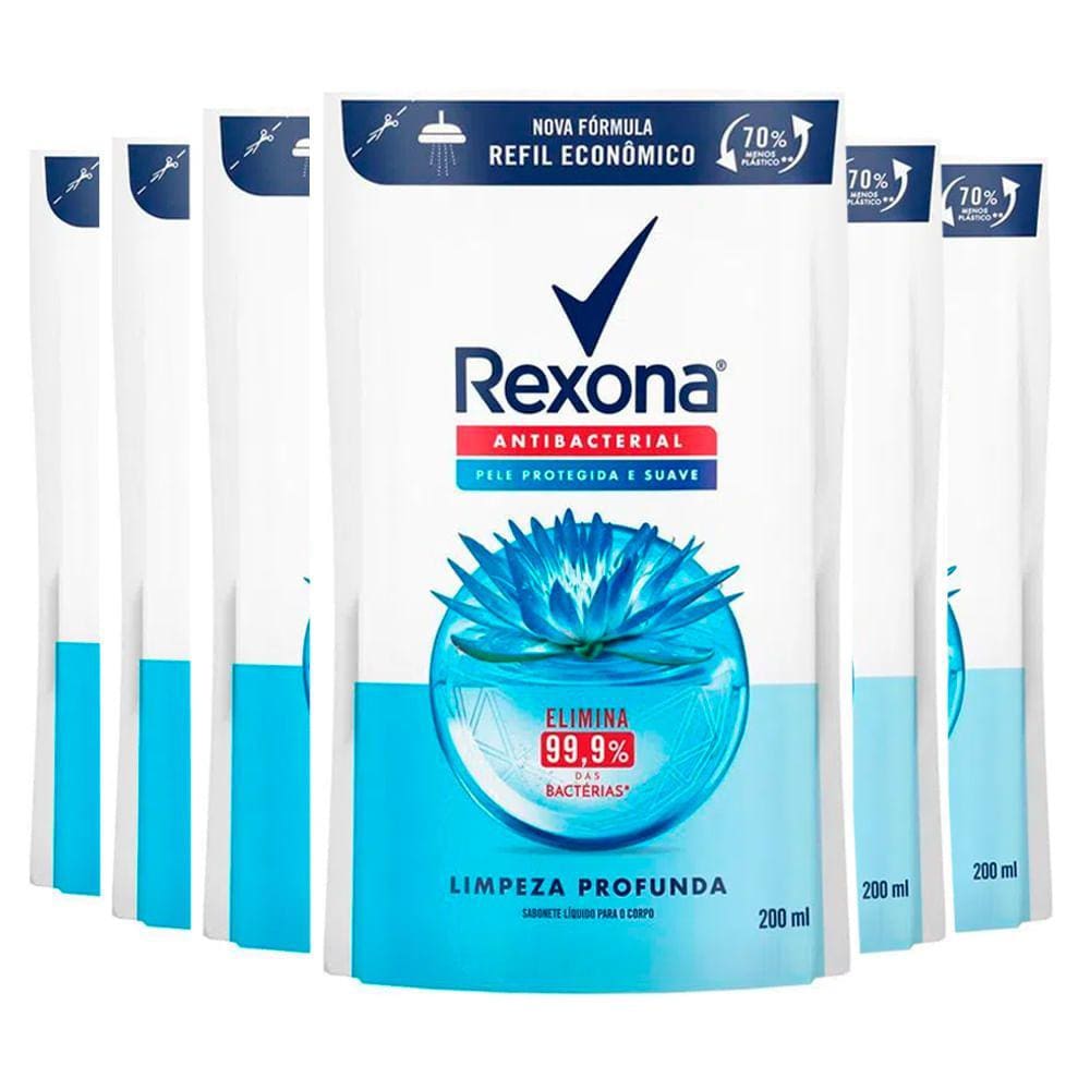 Kit Sabonete Líquido Rexona Refil Antibacterial Limpeza Profunda 200ml 6 Unidades