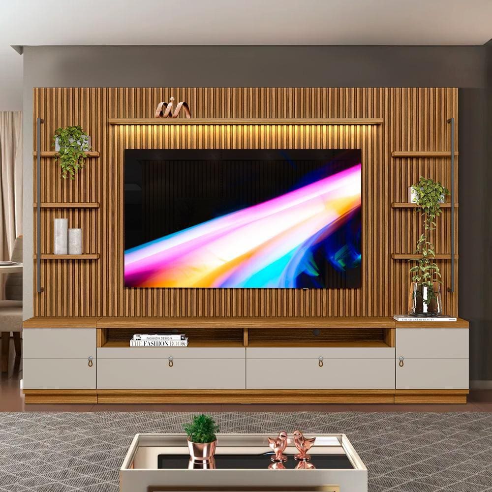 Painel Com Rack Para Tv 75 Polegadas Ripado Modulado Nature Off White Shop Jm