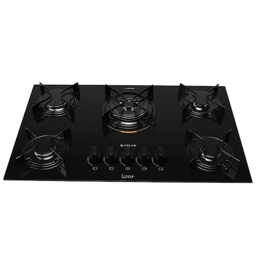 imagem-Cooktop 5 Bocas Preto com Mesa de Vidro e Tripla Chama Atlas U Top Bivolt