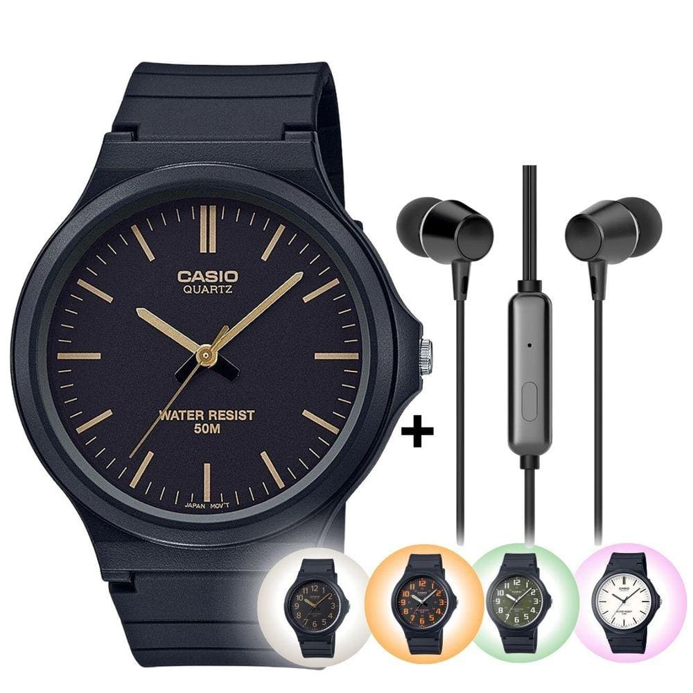 Kit Relógio de Pulso Casio Masculino Feminino Analógico Preto Prova D àgua 50m MW-240 + Fone de Ouvido
