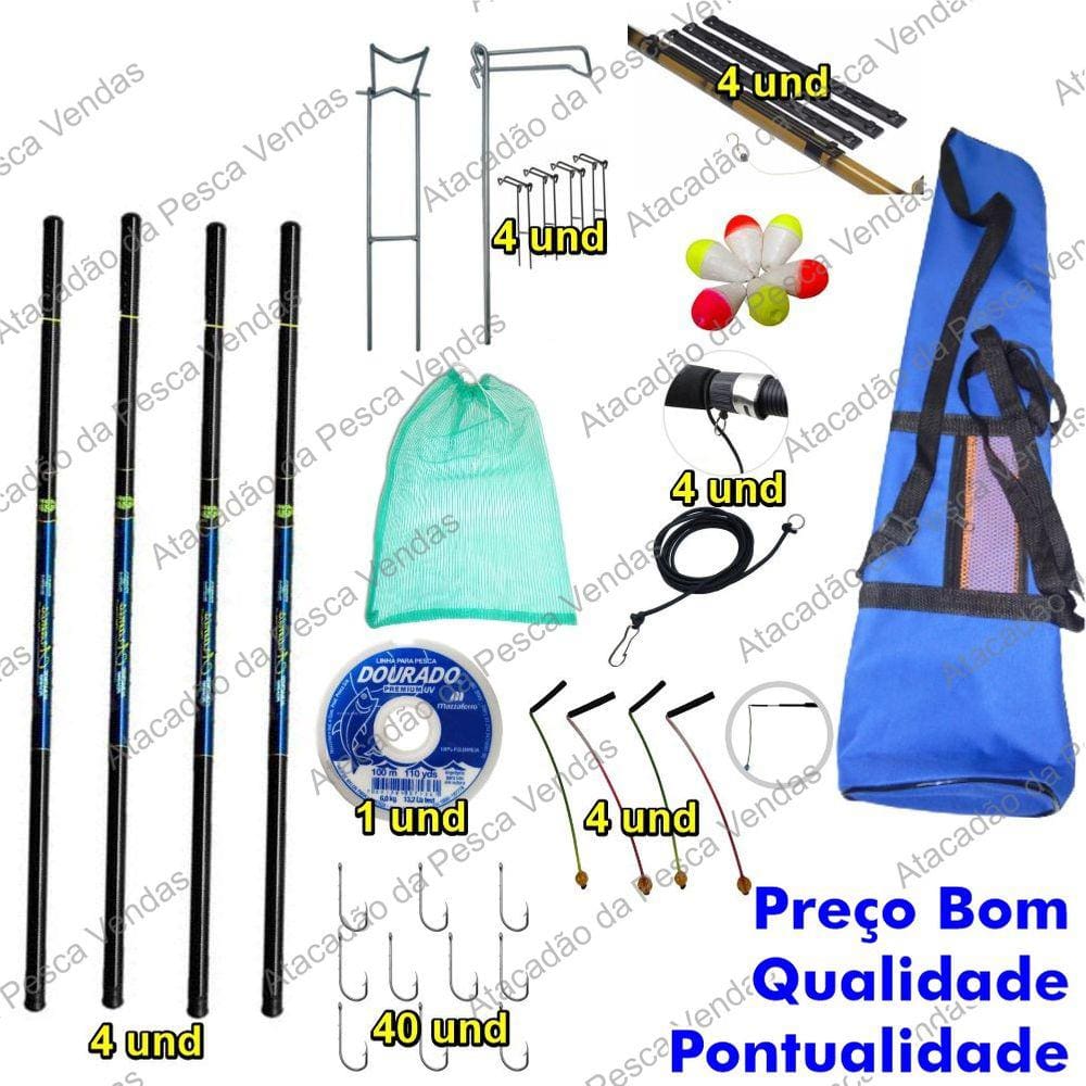 Kit pesca completo 4 varas telescópica 2 = 2.70 2 de 3.60 com bolsa suporte e acessórios .