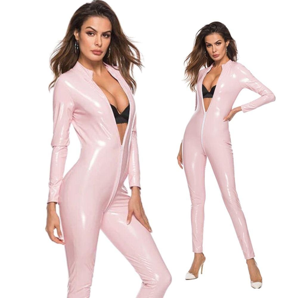 Macacão Catsuit Fantasia Vinil Alto Brilho Rosa Claro M505