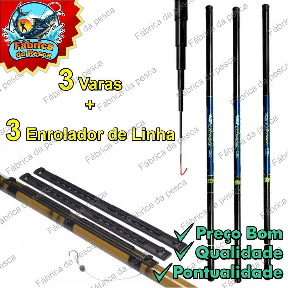 Kit 3 Vara Pesca 2,10m Telescopica tilapia lambari e outros + enrolador