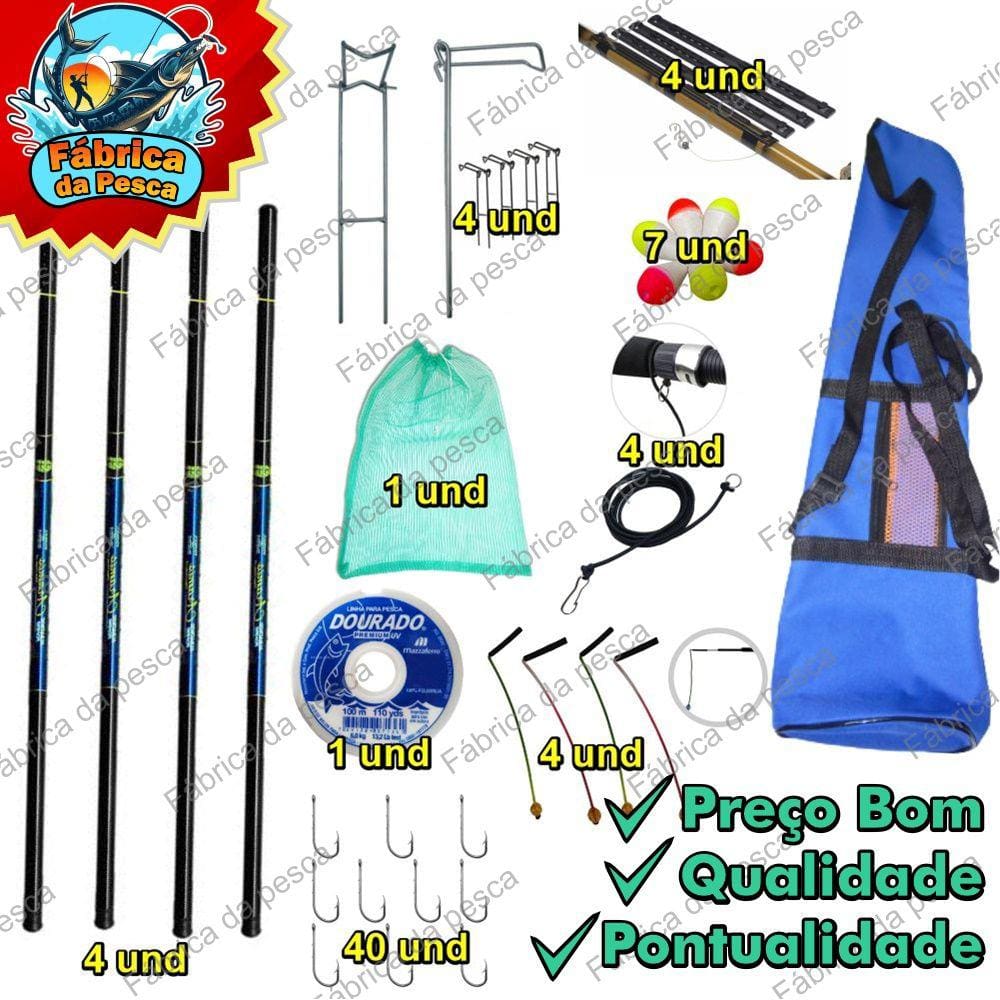 Kit pesca completo 4 varas telescópica 2 = 2.70 2 de 3.60 com bolsa suporte e acessórios .