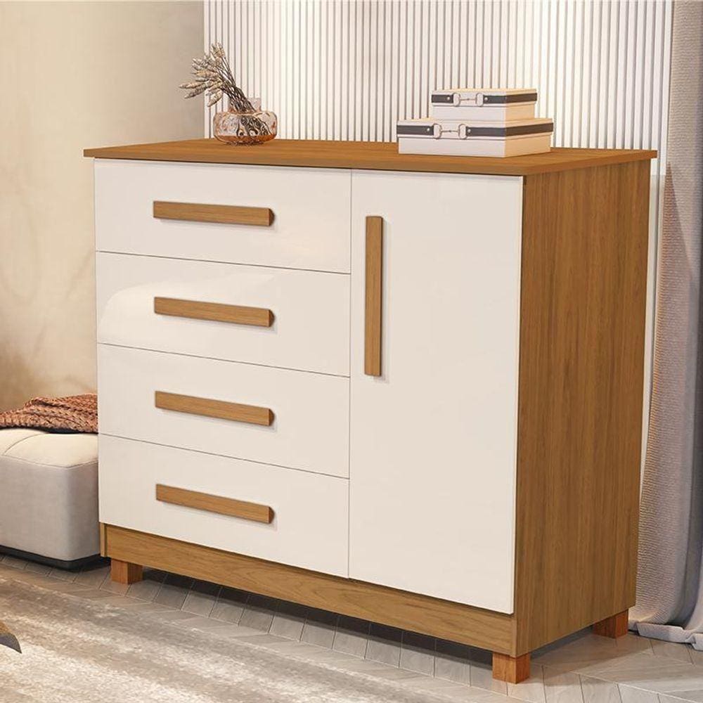 Comoda Grecia Quarto 4 Gavetas 1 Porta E Pés Madeira Maciça Nature/Off White Nature/Off White