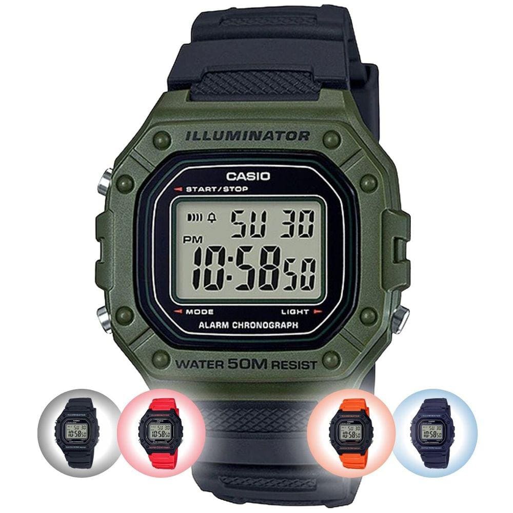 Relógio de Pulso Casio Illuminator Masculino Digital Esportivo Prova Dágua 50 Metros Verde Preto Azul Vermelho Laranja W-218H