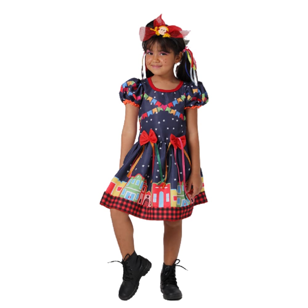 Vestido Festa Junina Infantil Azul Estampado Dança Quadrilha