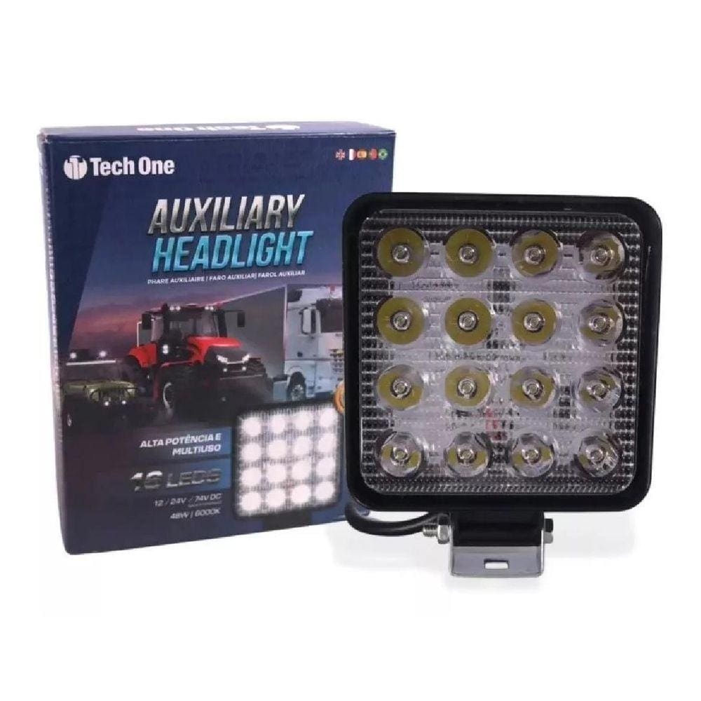 Farol Auxiliar De Led Quadrado 12V/24V 6000K 48W 16 Leds