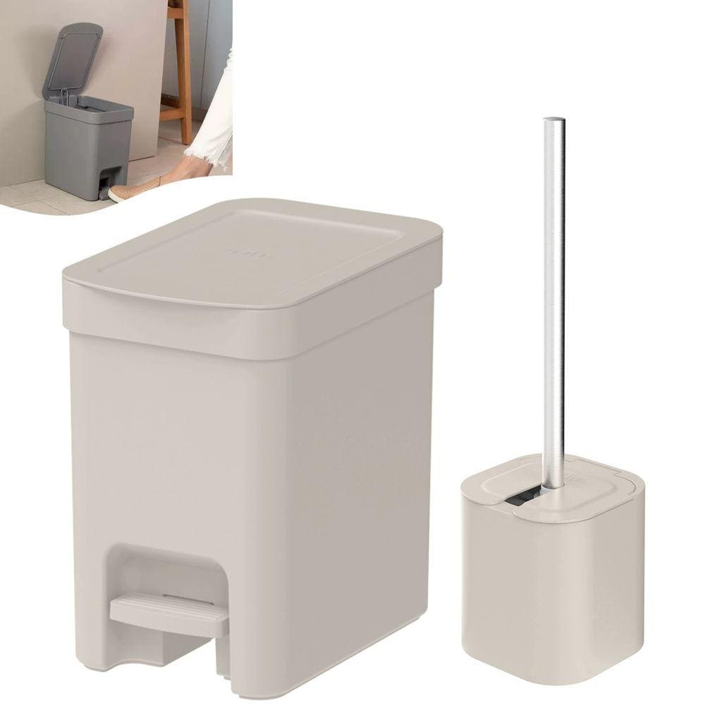 Kit Lixeira 6 Litros Com Pedal e Porta Escova Sanitária Bege Banheiro Trium - KTE 131 Ou