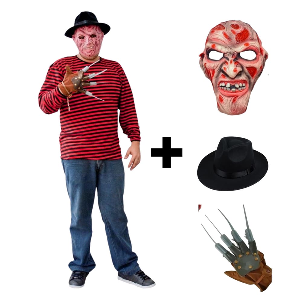 Fantasia Freddy Krueger Kit Completo Adulto Masculino Cosplay Halloween Filme Hora Do Pesadelo Terror Festa