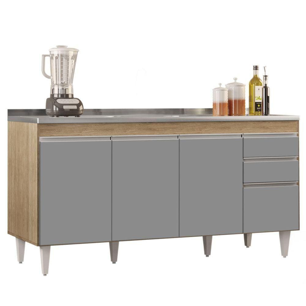Balcão Gabinete Com Pia Inox 160cm Arkansas Castanho/cinza - Lumil