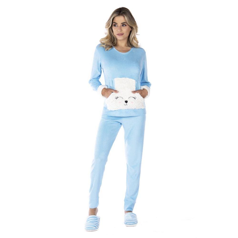 Pijama Feminino Inverno Longo Plush Bolso Kanguru Adulto