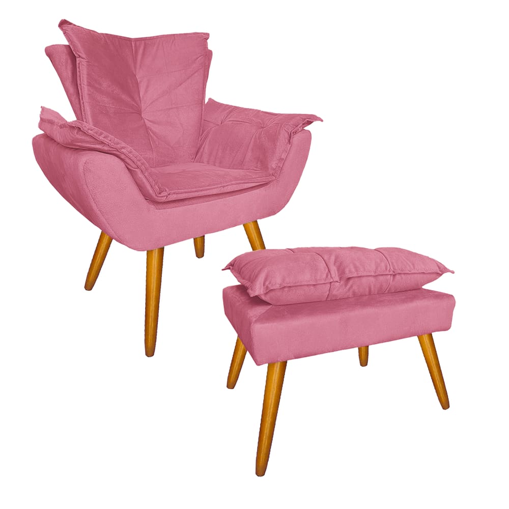 Kit Com 1 Poltrona e 1 Puff Para Quarto Sala Salão Apolo Suede Rosa Barbie - LM DECOR