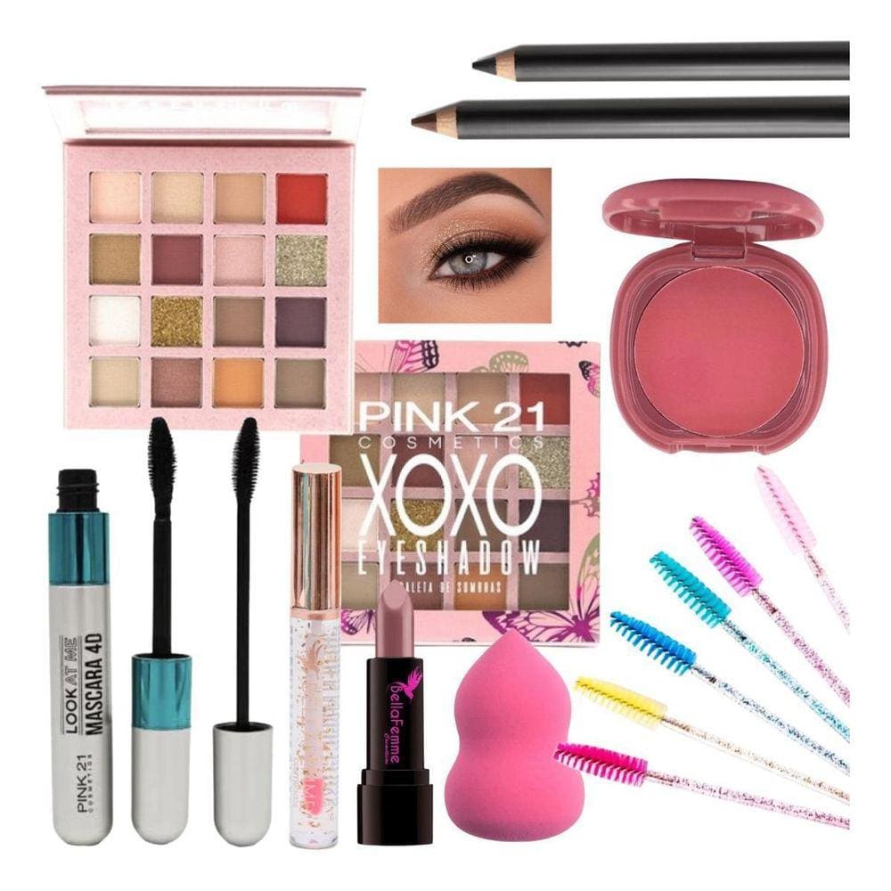 Kit De Maquiagem Paleta De Sombra Rímel Esponja Batom Blush