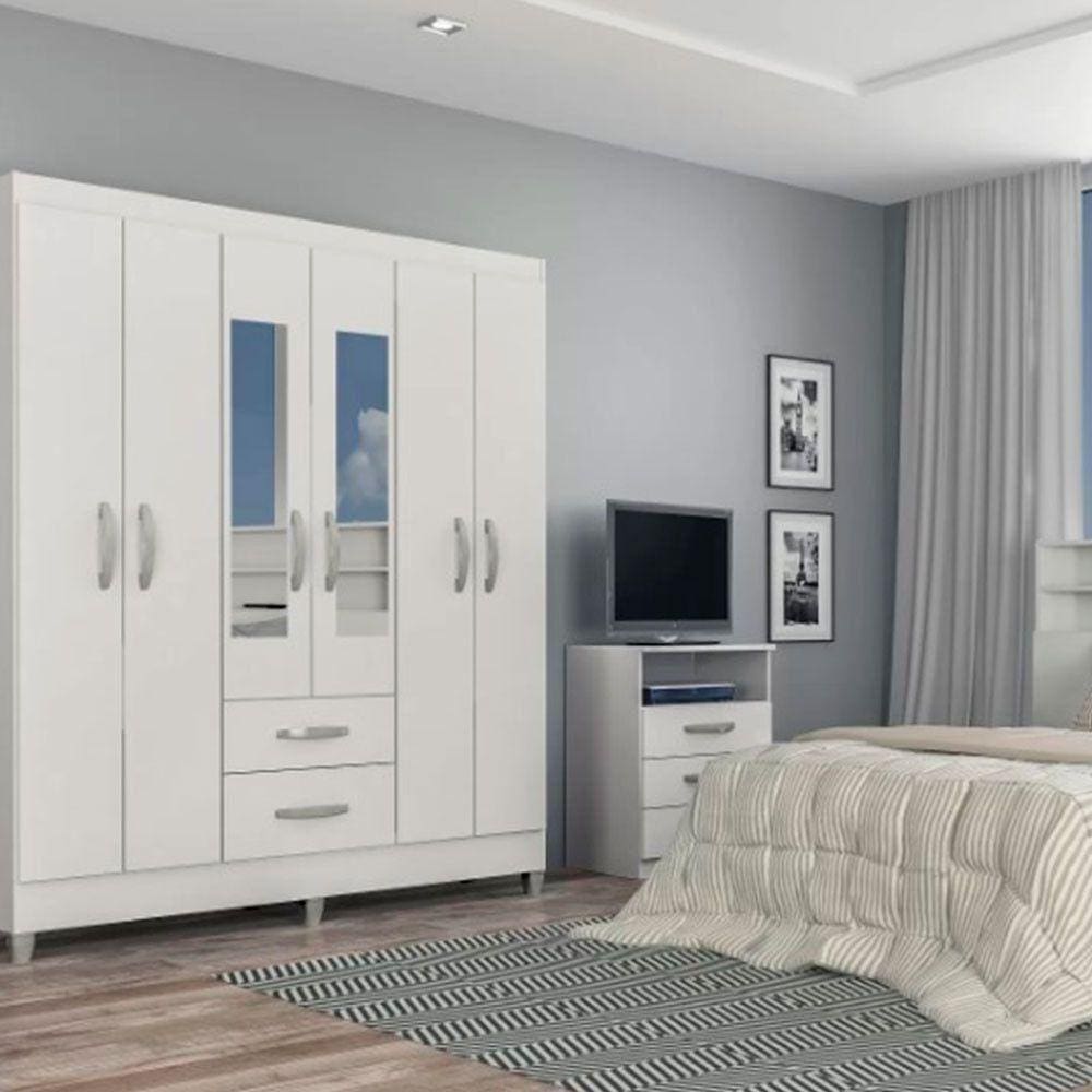 Guarda Roupa Casal Real 6 Portas Barcellona Branco