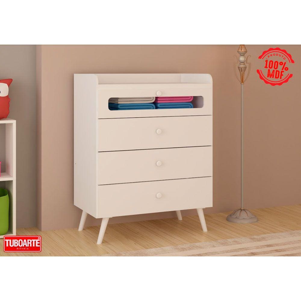 Cômoda Trocador Infantil com 4 Gavetas 100 MDF e Pés Retrô Tuboarte