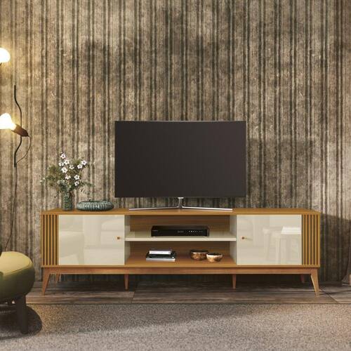 Rack Bancada Legacy 2.0 Para TV ate 75`` 2 Portas 2 Nichos Off White/ Cedro EDN Moveis Menor preço em Rack Bancada Legacy 2.0 Para TV ate 75`` 2 Portas 2 Nichos Off White/ Cedro EDN Moveis
